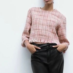 Zara Pink Tweed Cropped Fringe Short Sleeve Top - L